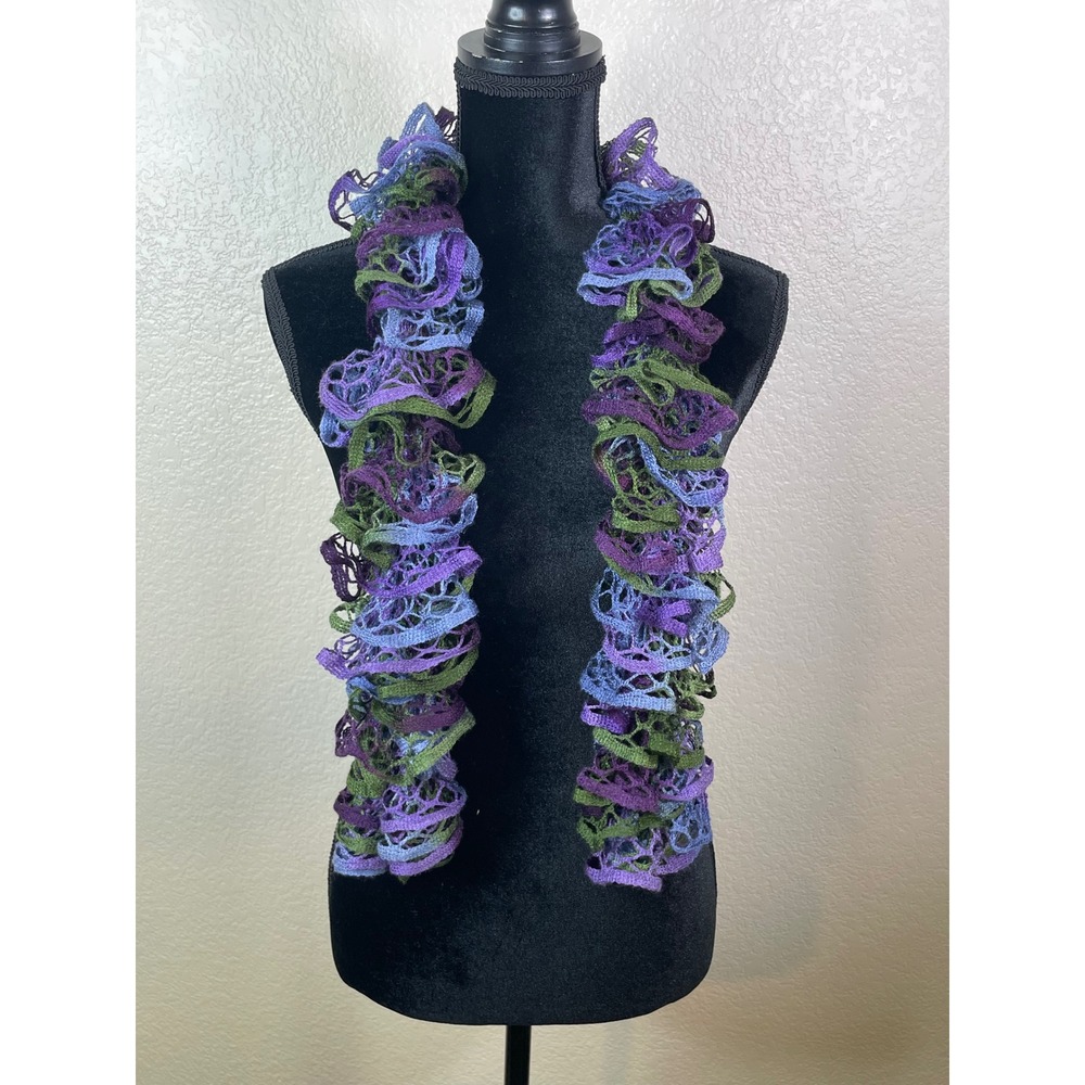Womens Handmade OS Ruffle Scarf Purple Green Blue Open Knit Mesh Sash Artsy Boho